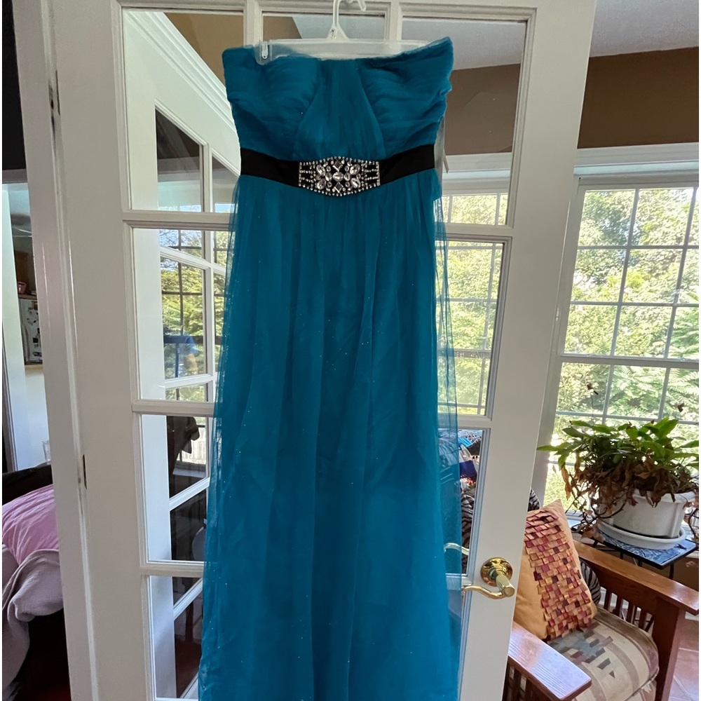 Strapples bluish elegant formal dress with waist black and embellishment